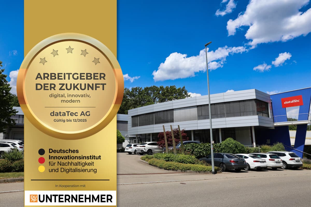 Erneut erhielt der Fachdistributor für Mess- und Prüftechnik dataTec AG vom Deutschen Innovationsinstitut für Nachhaltigkeit und Digitalisierung (diind) das Prädikat «Arbeitgeber der Zukunft». Bild mit Siegel und Sitz von dataTec.