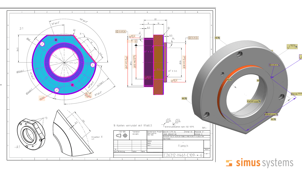 Zeichnung/Teil: Mit Künstlicher Intelligenz integriert Simus Classmate Zeichnungsdaten mit 3D-Modellen.