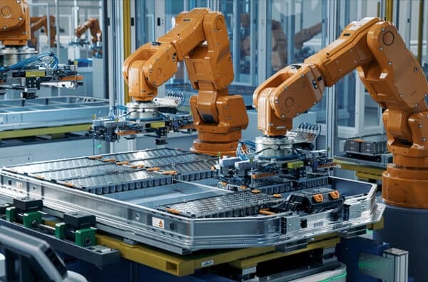 Orange,Industrial,Robot,Arms,Assemble,Ev,Battery,Pack,On,Automated